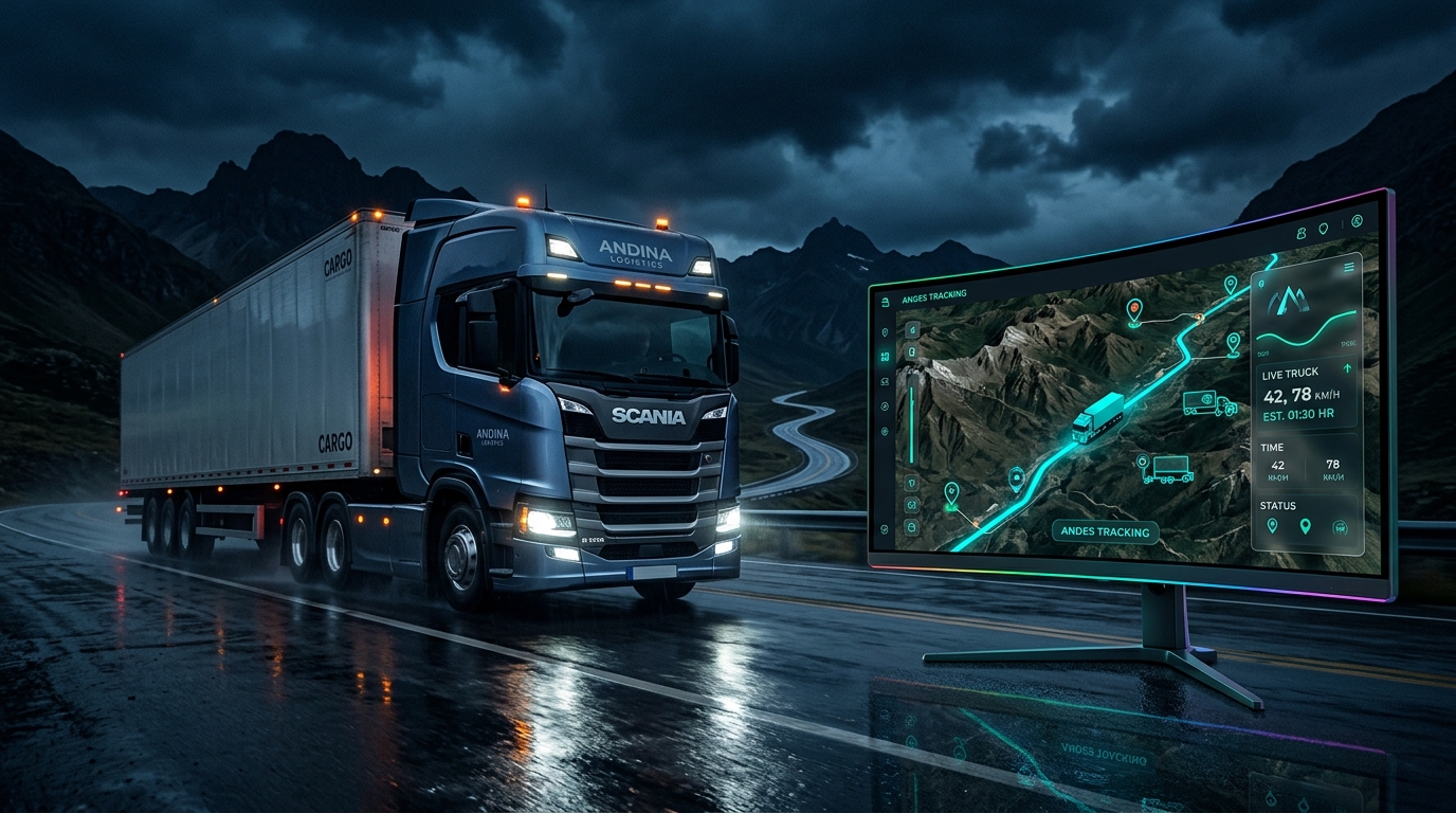 Camión de carga en carretera nocturna y monitor panorámico con plataforma GPS