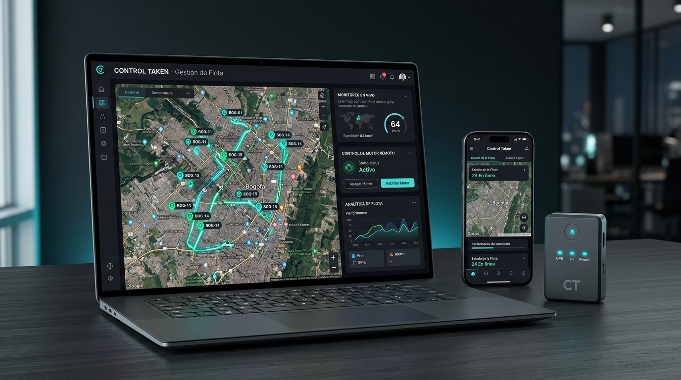 Plataforma de gestión para talleres y distribuidores GPS con mapa de Bogotá, Colombia y control de motor