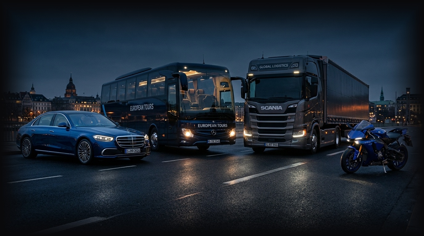 Flota de vehículos reales: automóvil Mercedes de lujo, autobús Mercedes, camión Scania y motocicleta deportiva con rastreo satelital GPS